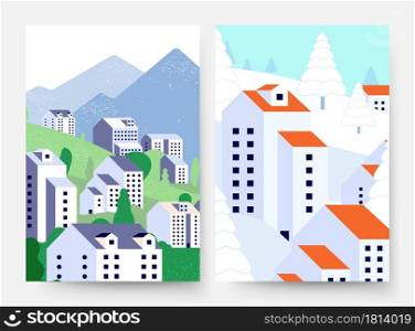 Summer winter landscape. Suburb lifestyle cards, minimal style buildings and nature in different seasons vector flyers. Summer and winter nature, season landscape snow and green tree illustration. Summer winter landscape. Suburb lifestyle cards, minimal style buildings and nature in different seasons vector flyers
