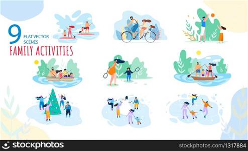 Summer, Winter Vacation Family Activities Trendy Vector Isolated Scenes Set. Parents with Kids Paddle Boarding, Riding Bicycle, Fishing on Boat, Playing Games, Ice-Skating Around Snowman Illustration