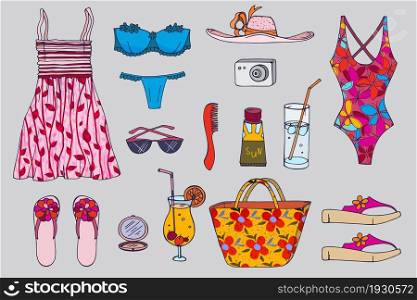 Summer woman outfit for beach, swimwear, dress, bag, cocktail and various accessories. Vector set. Fashion illustration.