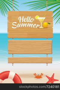 summer wooden sign on tropical beach background