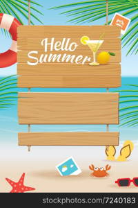 summer wooden sign on tropical beach background