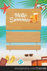 summer wooden sign on tropical beach background