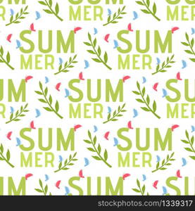 Summer Word Seamless Pattern in Natural Style. Holidays and Vacation, Rest and Recreation Theme. Flat Vector Illustration with Letter, Plants Leaves, Butterflies. Repeat Abstract Summertime Wallpaper. Summer Word Seamless Pattern in Natural Style