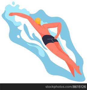 Summertime activities and sportive hobbies, isolated male character swimming in pool, sea or ocean water. Swimmer practicing for competition or sports tournament events. Vector in flat style. Swimming in pool, sea or ocean water summer hobby
