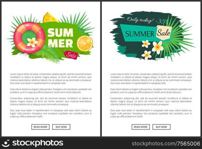 Summertime advertisement labels decorated by orange fruits, exotic flowers, inflatable lifebuoy and piece of pineapple vector web page with text sample. Summertime Advertisement Labels Decorated by Fruit