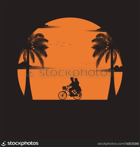 Summertime concept. A couple driving bicycle lovers on the beach of sunset background. business travel greeting card. silhouettes of love on nature and coconut plants. vector illustration flat style