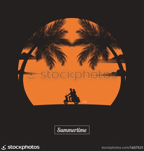 Summertime concept. A couple driving motorbike lovers on the beach of sunset background. business travel greeting card. silhouettes of love on nature and coconut plants. vector illustration flat style