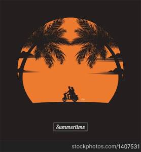 Summertime concept. A couple driving motorbike lovers on the beach of sunset background. business travel greeting card. silhouettes of love on nature and coconut plants. vector illustration flat style