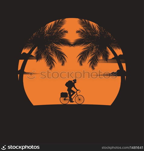 Summertime concept. A man of riding bicycles on the beach of sunset background. business travel greeting card. silhouettes of travel on nature and coconut plants. vector illustration flat style