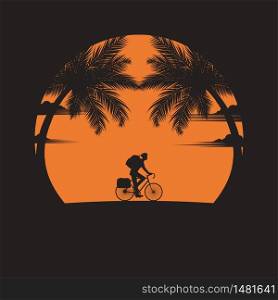 Summertime concept. A man of riding bicycles on the beach of sunset background. business travel greeting card. silhouettes of travel on nature and coconut plants. vector illustration flat style