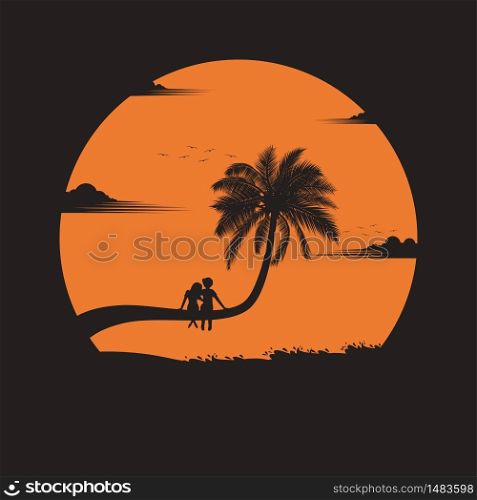 Summertime concept. Couple in happy of love on the beach of sunset background. business travel greeting card. silhouettes of love on nature and coconut plants. vector illustration flat style