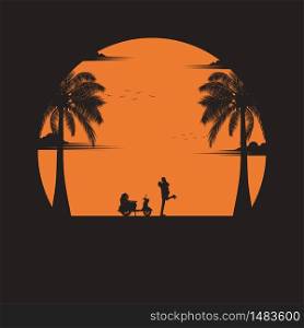 Summertime concept. Couple in happy of love on the beach of sunset background. business travel greeting card. silhouettes of love on nature and coconut plants. vector illustration flat style
