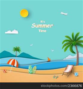 Summertime concept on paper cut style,sea landscape on blue sky with beach,waves,coconut tree,surfboard,umbrella and ball,vector illustration