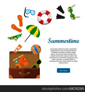 Summertime conceptual web banner. Flat design. Suitcase with stuff for fun on beach flat vector. Summer vacation. Illustration for travel company landing page, tourism concepts, printed materials. Summertime Conceptual Flat Style Vector Web Banner. Summertime Conceptual Flat Style Vector Web Banner