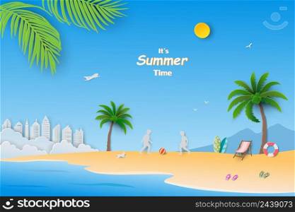 Summertime holiday background with modern buildings,coconut palm tree,view of blue sea and beach on paper cut style,vector illustration