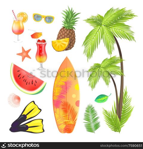 Summertime icons set fruits and beverages in glass. Glasses and palm tree with broad leaves. Flippers and surfing board with print, starfish vector. Summertime Icons Set Fruits Vector Illustration