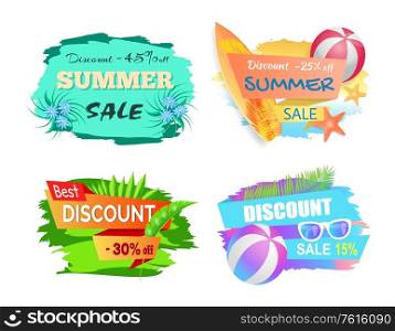 Summertime labels foliage, flowers and summer accessories. Sale tags with surfboard and sunglasses, inflatable ball 15, 25, 30, 45 percent discount vector. Summertime Labels Foliage, Flowers and Accessories