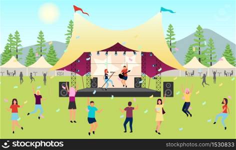 Summertime music festival flat vector illustration. Open air live performance. Rock, pop musician concert in park, camp. Enjoying music outside in summer. Dancing cartoon characters