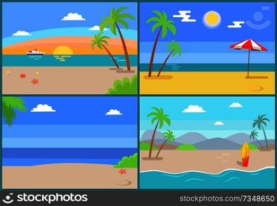 Summertime paradise set of vector illustration sandy beaches seaview sunset over mountains, tropical islands, umbrella and surfboard, summer rest. Summertime Paradise Set of Vector Sandy Beaches