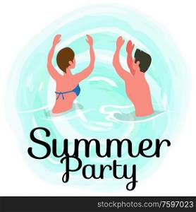 Summertime party, couple dancing in ocean, spending time at summer resort isolated vector banner. People on vacation swim and sunbathing, relaxing on water. Summertime Party, Couple Dancing in Ocean, Summer