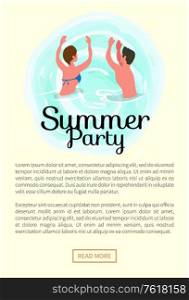 Summertime party, couple dancing in ocean, spending time at summer resort isolated vector banner. People on summer vacation swim and sunbathing, relaxing on water. Summertime Party, Couple Dancing in Ocean, Summer