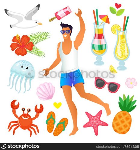 Summertime relaxation and rest vector, man wearing sunglasses. Jellyfish medusa, crab and seastar, pineapple and cocktail lemonade, seagull and ice cream. Man Relaxing on Vacation, Male on Beach Summer