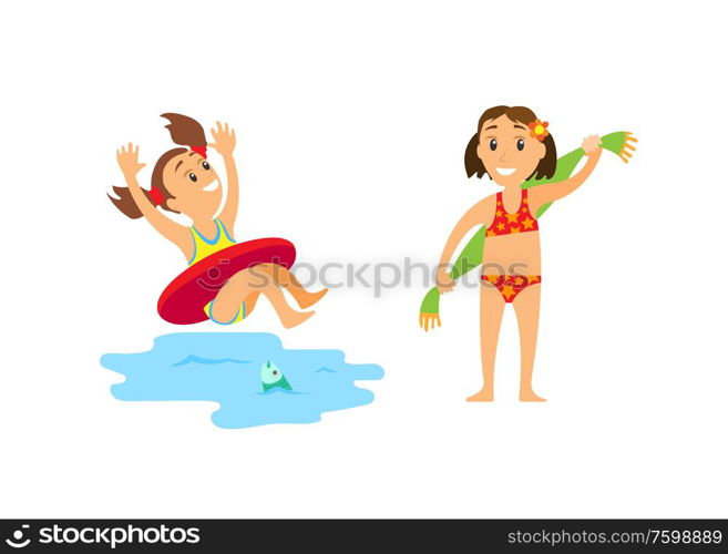 Summertime relaxation on beach vector, people on vacation. Girls having fun by seaside, splashes of water, kiddo wearing lifebuoy and child with towel. Swimming Child in Lifebuoy, Kid with Towel Wiping