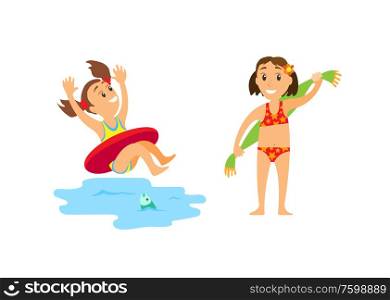 Summertime relaxation on beach vector, people on vacation. Girls having fun by seaside, splashes of water, kiddo wearing lifebuoy and child with towel. Swimming Child in Lifebuoy, Kid with Towel Wiping