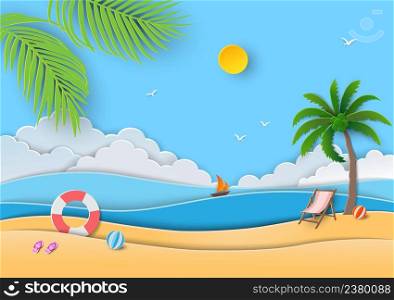 Summertime relaxation with view of blue sea,sand,sun,swim ring,sandals,beach ball and coconut palm tree on paper cut and craft style,vector illustration