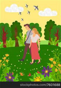 Summertime scenery, flying birds and flirting people. Vector summer landscape, happy dating lovers walk together in green forest with trees and flowers. Summertime Scenery, Birds Fly and Flirting People