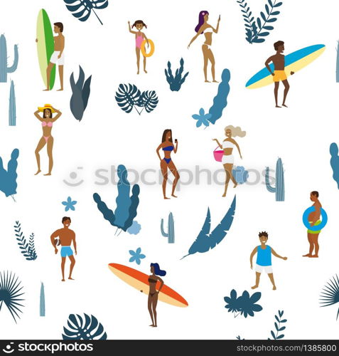 Summertime seamless pattern. People having fun on the beach, relaxing and performing summer outdoor activities at beach. Summertime seamless pattern. People having fun on the beach, relaxing and performing summer outdoor activities at beach - sunbathing, walking, carrying surfboard, swimming in sea, ocean. Exotic plants, leaves, flowers. Trend flat cartoon style, vector, isolated