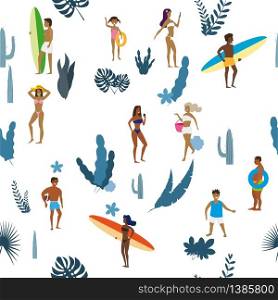 Summertime seamless pattern. People having fun on the beach, relaxing and performing summer outdoor activities at beach. Summertime seamless pattern. People having fun on the beach, relaxing and performing summer outdoor activities at beach - sunbathing, walking, carrying surfboard, swimming in sea, ocean. Exotic plants, leaves, flowers. Trend flat cartoon style, vector, isolated
