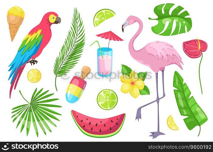 Summertime set graphic elements in flat design. Bundle of ice cream, parrot, palm leaves, lemon, lime, cocktail, flamingo, watermelon, tropical flowers and other. Vector illustration isolated objects