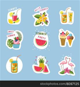 Summertime symbols. ice cream flamingo flowers cocktails. vector stickers template. Illustration of tropical summertime and watermelon. Summertime symbols. ice cream flamingo flowers cocktails. vector stickers template