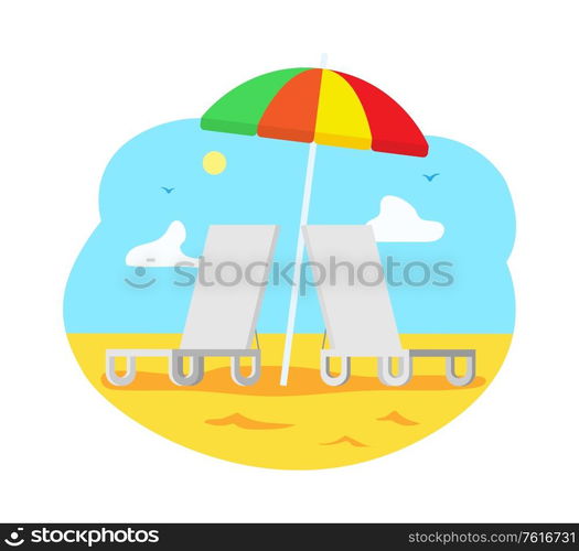 Summertime vacation, resort with chaise longue and umbrella vector. Tourist attraction, isolated coast with shining sun and fair weather, tourism. Beach with Chaise Longue, Umbrella Sunshine Beach