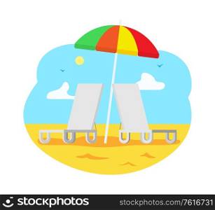 Summertime vacation, resort with chaise longue and umbrella vector. Tourist attraction, isolated coast with shining sun and fair weather, tourism. Beach with Chaise Longue, Umbrella Sunshine Beach
