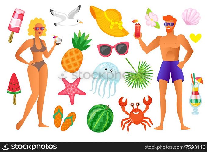 Summertime vacation vector, people and icons of seashell ice cream and accessories. Hat and watermelon on stick, crab and pineapple, jellyfish and cocktail. Summer Vacation, People on Holidays Summertime