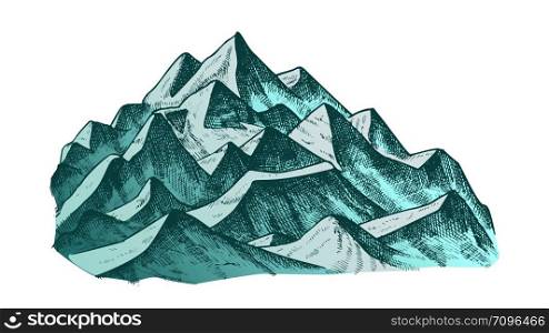 Summit Of Mountain Landscape Ink Texture Vector. High Altitude Mountain Place Advertising Alpine Skiing Health Sport Resort Concept. Pencil Designed Mockup Color Illustration. Summit Of Mountain Landscape Ink Color Vector