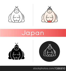Sumo icon. Traditional asian wrestler. Shirtless large athlete in power stance. Japanese ringer. Man with heavy body. Linear black and RGB color styles. Isolated vector illustrations. Sumo icon. Traditional asian wrestler