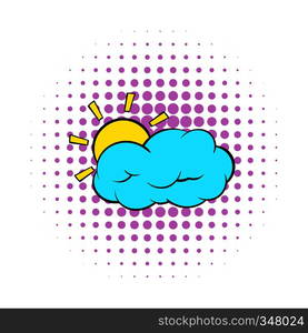 Sun and cloud icon in comics style on dotted background. Weather and nature symbol. Sun and cloud icon, comics style