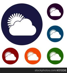 Sun and cloud icons set in flat circle reb, blue and green color for web. Sun and cloud icons set