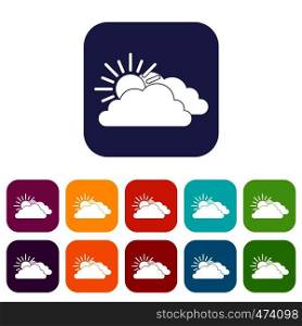 Sun and cloud icons set vector illustration in flat style In colors red, blue, green and other. Sun and cloud icons set