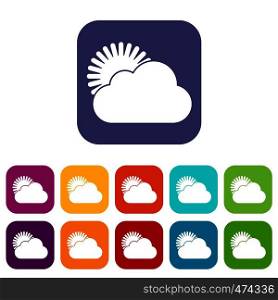 Sun and cloud icons set vector illustration in flat style In colors red, blue, green and other. Sun and cloud icons set