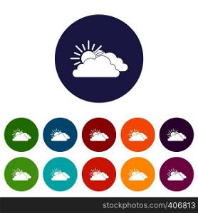 Sun and cloud set icons in different colors isolated on white background. Sun and cloud set icons