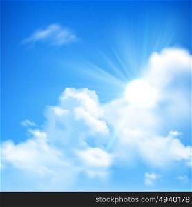 Sun And Clouds Background. Bright sunbeams coming out of heap clouds in blue sky background cartoon vector illustration