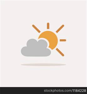 Sun and clouds. Icon with shadow on a beige background. Weather flat vector illustration