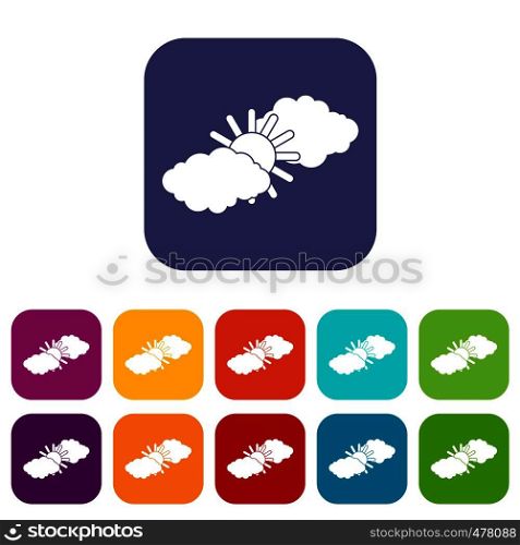 Sun and clouds icons set vector illustration in flat style in colors red, blue, green, and other. Sun and clouds icons set