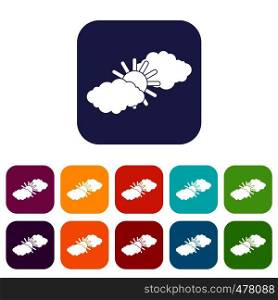 Sun and clouds icons set vector illustration in flat style in colors red, blue, green, and other. Sun and clouds icons set