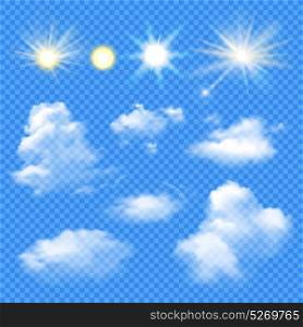 Sun And Clouds Set. Set of sun in different brightness and clouds of various shape on transparent background isolated vector illustration