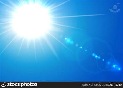 Sun and lens flare on blue. Vector illustration of blue sunny background with sun and lens flare